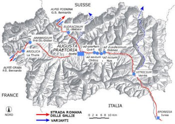 Mappa della Strada Romana delle Gallie e Via Francigena in Valle d’Aosta (29768 bytes)